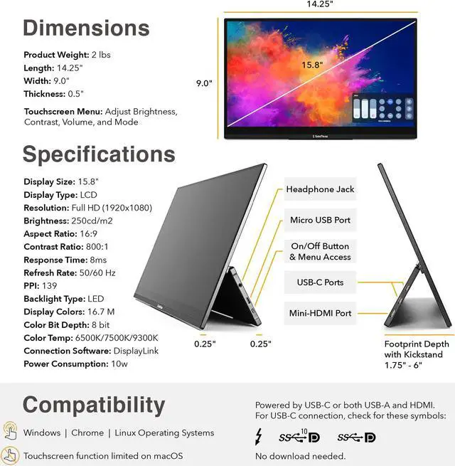 Alt view image 7 of 7 - SideTrak Solo Pro Portable Monitor Freestanding Touchscreen 15.8" FHD 1080P LED IPS Screen with Kickstand |Compatible with Mac, PC, Chrome | Powered by USB-C + Mini HDMI | Built-in Speakers & HDR Mode