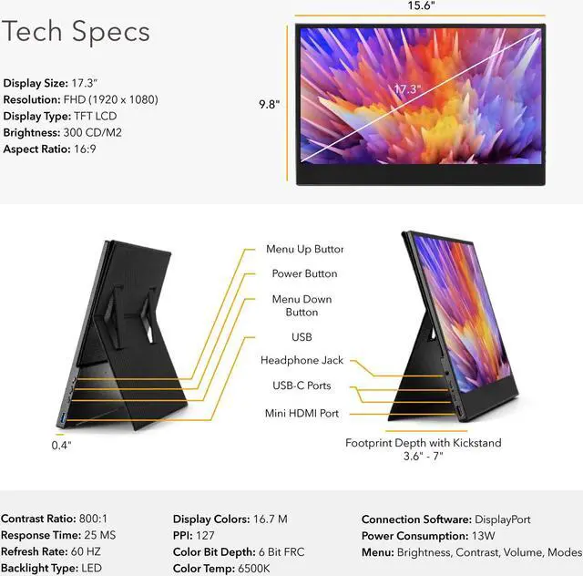 Alt view image 7 of 7 - SideTrak Solo 17.3" Touchscreen Portable Full HD LED Monitor, Laptop Dual Screen Computer Extender with Large Display Cover, For PC, Gaming & Chrome, HDR Enabled, Powered by USB-C or HDMI