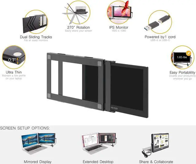 Alt view image 5 of 7 - SideTrak Slide Portable Monitor 12.5" Screen with Carrying Case - Attaches to Your Laptop for Easy Travel - Efficient USB Power - Fits Mac and PC 13"-17" Laptops - Full HD IPS Display (Patent Pending)