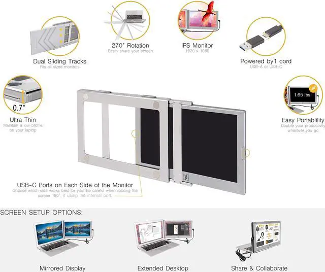 Alt view image 5 of 7 - SideTrak Slide Portable Monitor for Laptop 12.5" FHD 1080P IPS Attachable Second Laptop Screen | Efficient USB Power | Compatible with Mac, PC, Chrome 13"-17" Laptops | Patent Pending