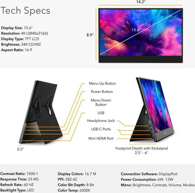 Alt view image 7 of 7 - SideTrak Solo 15.6” 4k Portable Monitor for Laptop | Freestanding Ultra HD LED Anti-Glare USB Laptop Dual Screen | Compatible with Mac, PC, & Chrome | Powered by USB-C or Mini HDMI