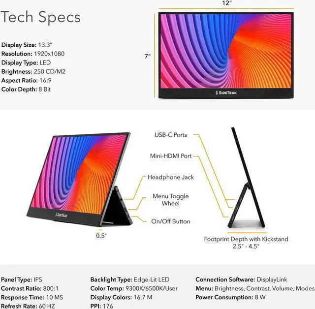 Alt view image 7 of 7 - SideTrak Solo Pro 13 Freestanding Portable Monitor for Laptop | 1080 LED .04 Thin Portable Monitor | Kickstand | 10ms Response Time | 60Hz Refresh Rate | USB-C, Mini HD | 1.3 lbs. Travel Monitor