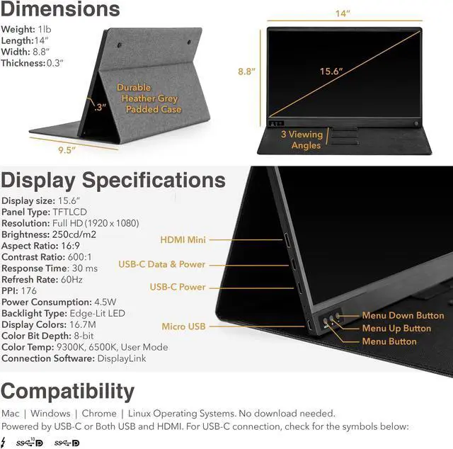 Alt view image 7 of 7 - SideTrak Solo Portable Laptop Monitor 15.6 FHD 1080P LCD Screen | Works with Mac,PC,Chrome, PS4, Xbox, Raspberry Pi, & More | Powered by USB or Mini HDMI | Detachable Padded Case and Kickstand