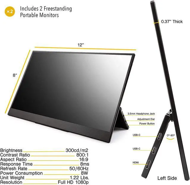 Alt view image 7 of 7 - SideTrak Solo Pro Triple Touchscreen Portable Monitor for Laptop | 2 Freestanding 15.6" FHD 1080P LED Screens | Compatible with PC & Chrome | USB-C or HDMI | Speakers & HDR Mode