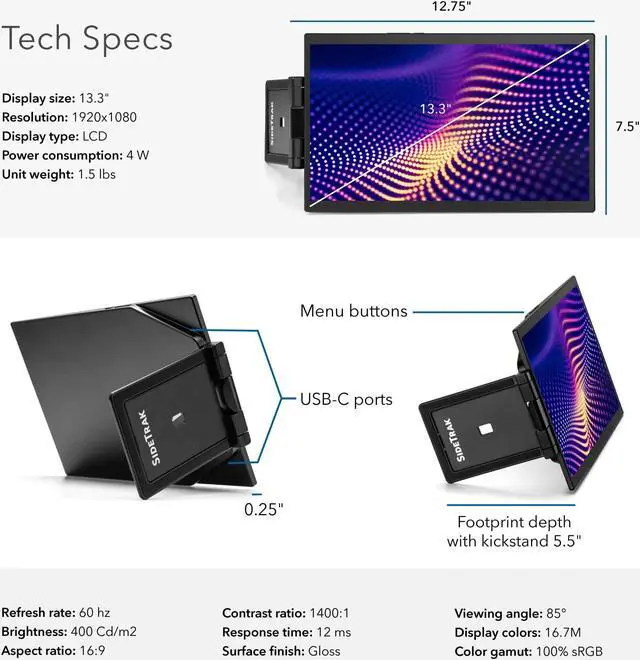 Alt view image 7 of 7 - SideTrak Swivel Pro 13.3'' Portable Monitor for Laptop (13.3'' Single Monitor)