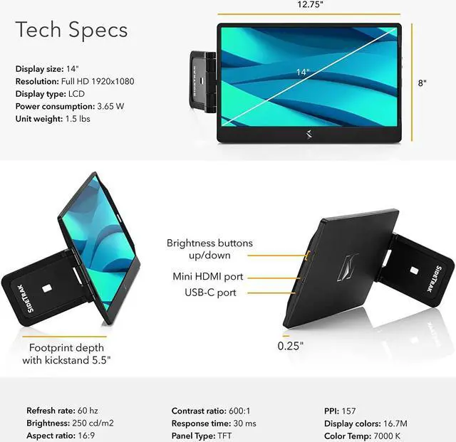 Alt view image 6 of 7 - SideTrak Swivel 14 Attachable Portable Laptop Monitor FHD IPS USB Laptop Dual Screen with Kickstand and Screen Protector| Mac, PC, & Chrome Compatible | USB-C or Mini HDMI Powered (Black)