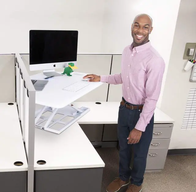 Alt view image 3 of 7 - stand steady x-elite pro corner standing desk | 40 inch corner sit to stand desk converter ideal for cubicles and l shaped desks! easy height-adjustable and fully assembled! (white)
