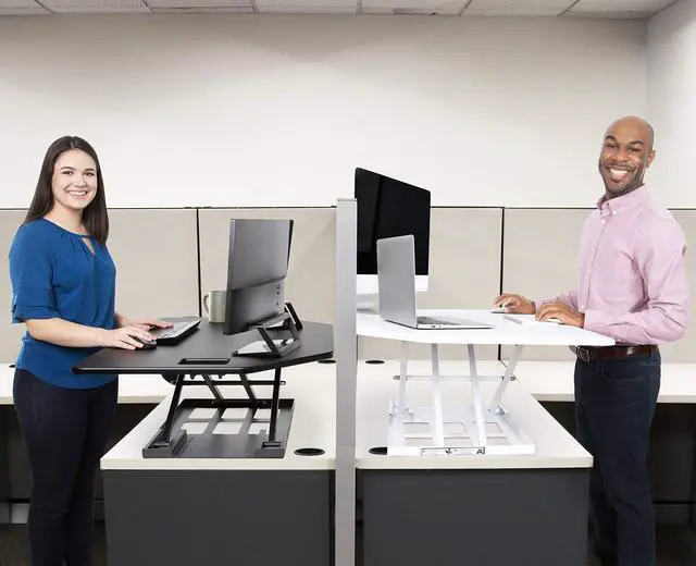 Alt view image 5 of 7 - stand steady x-elite pro corner standing desk | 40 inch corner sit to stand desk converter ideal for cubicles and l shaped desks! easy height-adjustable and fully assembled! (white)