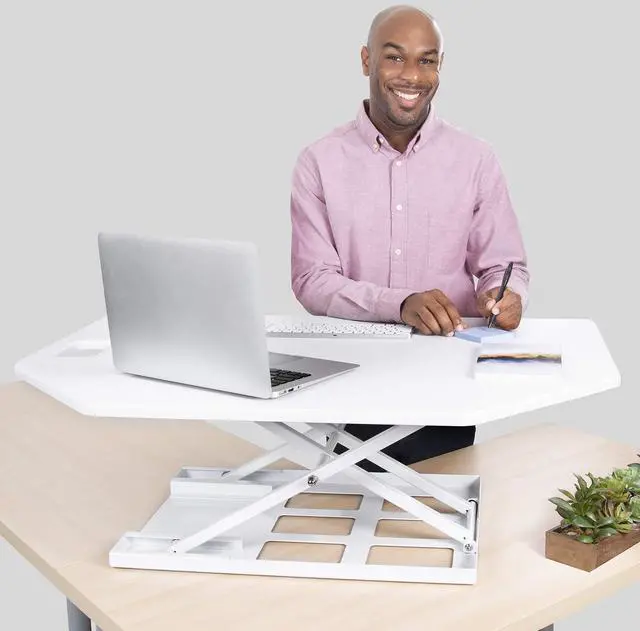 Alt view image 7 of 7 - stand steady x-elite pro corner standing desk | 40 inch corner sit to stand desk converter ideal for cubicles and l shaped desks! easy height-adjustable and fully assembled! (white)