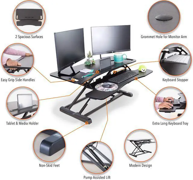 Alt view image 3 of 7 - Flexpro Hero 37 Inch Standing Desk Converter, For Office and Home, Height Adjustable, 2 Level Sit to Stand Workspace with Keyboard Shelf & Monitor Riser, Sit or Stand (Black, 37 x 18 x 4.5 to 20)