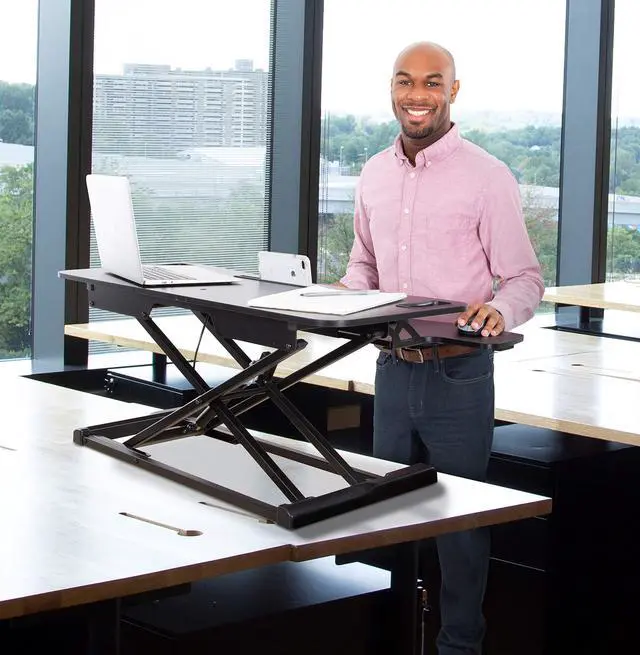 Alt view image 4 of 7 - Flexpro Hero 37 Inch Standing Desk Converter, For Office and Home, Height Adjustable, 2 Level Sit to Stand Workspace with Keyboard Shelf & Monitor Riser, Sit or Stand (Black, 37 x 18 x 4.5 to 20)