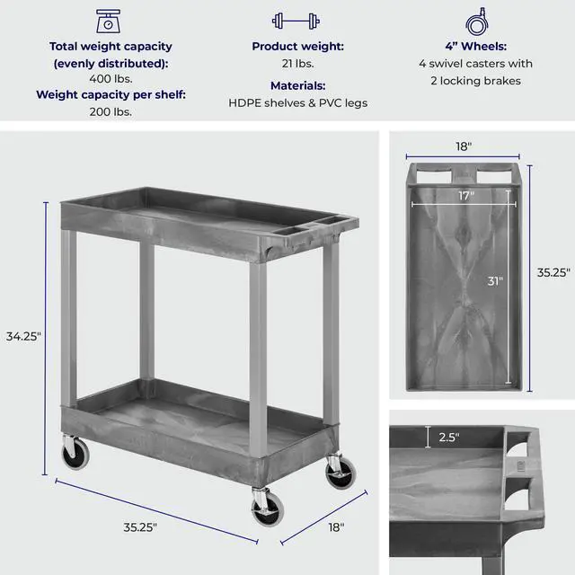 Alt view image 6 of 7 - Stand Steady 18" x 32" Tubstr Two Shelf Tub Utility Cart - Gray