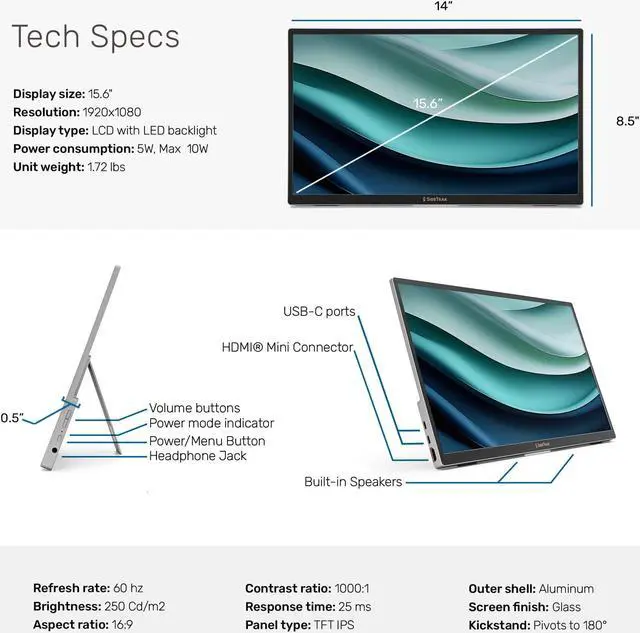 Alt view image 7 of 7 - SideTrak Solo Essential 15.6'' Portable Monitor Extender, FHD LCD Laptop Dual Screen with Kickstand, Compatible with Mac, PC, Chrome, Powered by USB or HDMI port