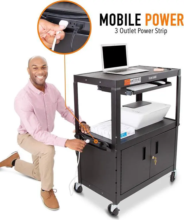 Alt view image 2 of 2 - Line Leader Large AV Cart with Locking Cabinet | Height Adjustable Utility Cart with Pullout Keyboard Tray & Cord Management | UL Safety-Certified Computer Cart | Easy Assembly (32 x 18 x 42in)
