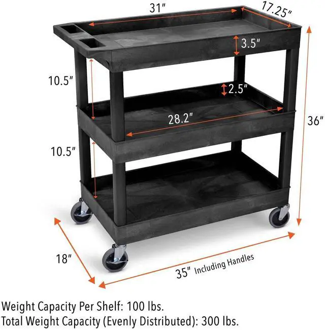 Alt view image 7 of 7 - Stand Steady Tubstr 3 Shelf Utility Cart | Heavy Duty Service Cart Supports Up to 400 lbs | Tub Cart with Deep Shelves | Great for Warehouse, Garage, Cleaning, Office & More (32 x 18 / Black)