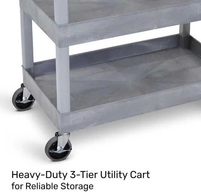 Alt view image 2 of 7 - Tubstr 3 Shelf Utility Cart | Heavy Duty Service Cart Supports Up to 400 lbs | Tub Cart with Deep Shelves | Great for Warehouse, Garage, Cleaning, Office & More (32 x 18 / Gray)