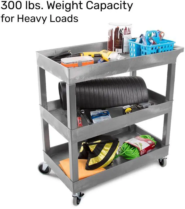 Alt view image 3 of 7 - Tubstr 3 Shelf Utility Cart | Heavy Duty Service Cart Supports Up to 400 lbs | Tub Cart with Deep Shelves | Great for Warehouse, Garage, Cleaning, Office & More (32 x 18 / Gray)