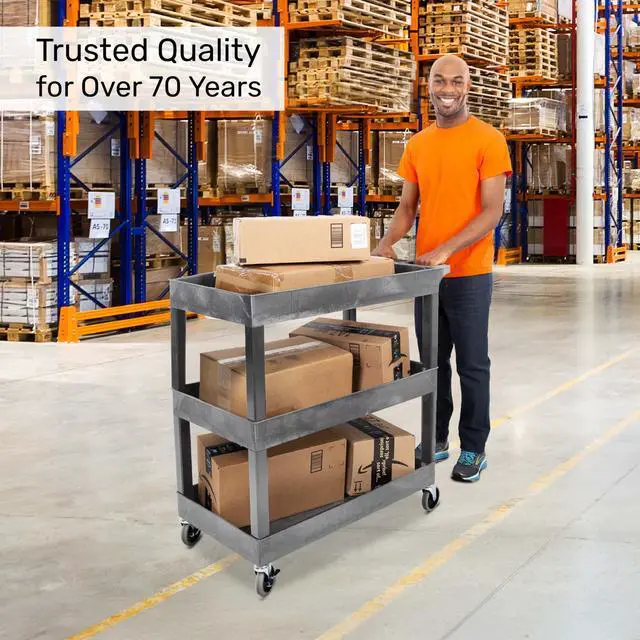 Alt view image 6 of 7 - Tubstr 3 Shelf Utility Cart | Heavy Duty Service Cart Supports Up to 400 lbs | Tub Cart with Deep Shelves | Great for Warehouse, Garage, Cleaning, Office & More (32 x 18 / Gray)