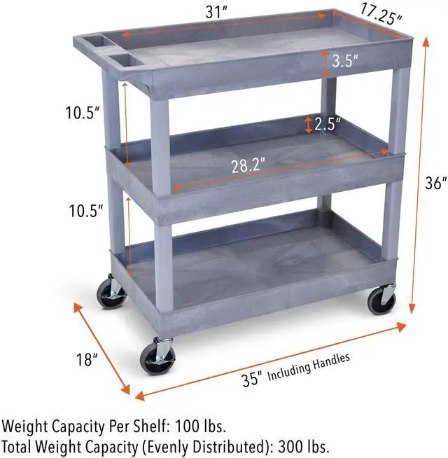 Alt view image 7 of 7 - Tubstr 3 Shelf Utility Cart | Heavy Duty Service Cart Supports Up to 400 lbs | Tub Cart with Deep Shelves | Great for Warehouse, Garage, Cleaning, Office & More (32 x 18 / Gray)