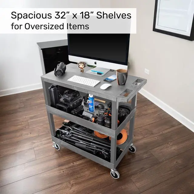 Alt view image 4 of 7 - Tubstr 3 Shelf Utility Cart | Heavy Duty Service Cart Supports Up to 400 lbs | Tub Cart with Deep Shelves | Great for Warehouse, Garage, Cleaning, Office & More (32 x 18 / Gray)