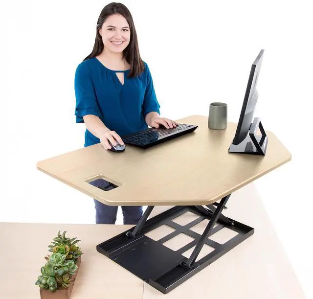 Main image of X-Elite Pro 40" Corner Standing Desk Converter with Pneumatic Lift | Adjustable Sit to Stand Riser, L-Shaped Desks & Cubicles | Fully Assembled Computer Workstation (American Maple)