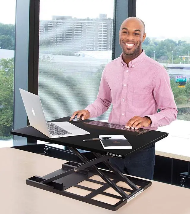 Alt view image 5 of 8 - stand steady standing desk xelite standing desk | xelite pro version, instantly convert any desk into a sit/stand up desk, heightadjustable, fully assembled desk converter black 28 inch