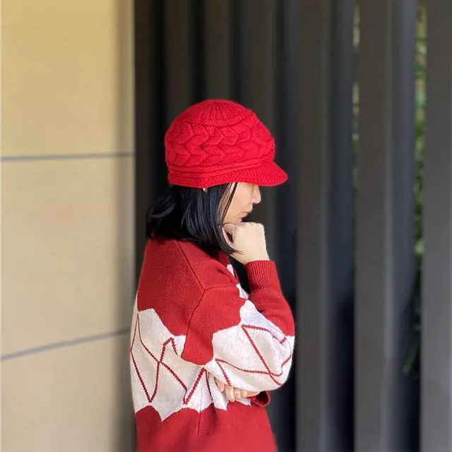 Alt view image 2 of 7 - Womens Warm Hat for Winter, Women Beanie with Warm Fleece Lined & Wool Knit & Visor for Snow Cap Newsboy WS-H1  (Burgundy)