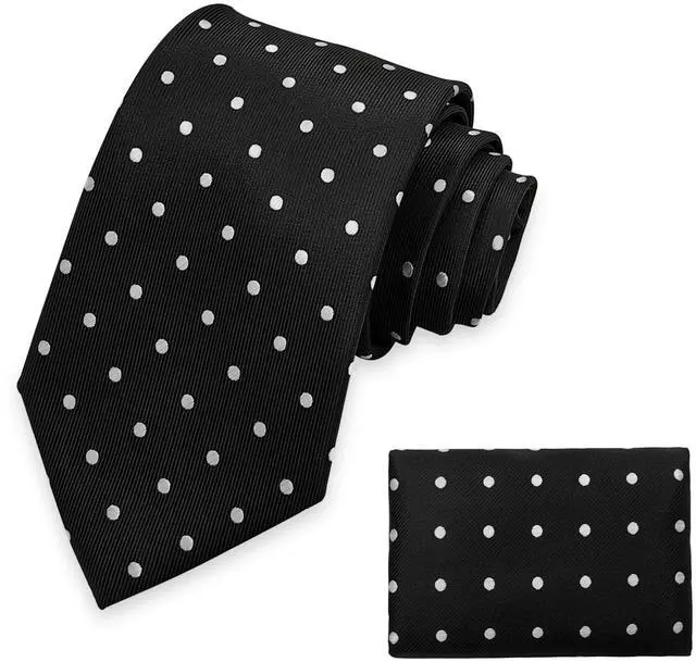 Main image of Mens Ties with Handkerchief, Men Classic Formal Business Elegant Ties and Pocket Squarefor Wedding Party M3-T-6S (Black With White Polka Dots)