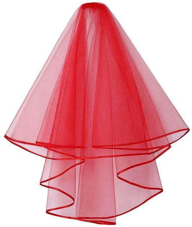 Main image of Wedding Bridal Veils, Women Simple Tulle Cathedral Veils for Bachelorette Party and Wedding Hen Party W-V-1 (Short - Red - 2 Tier 31.4"/ 80cm)