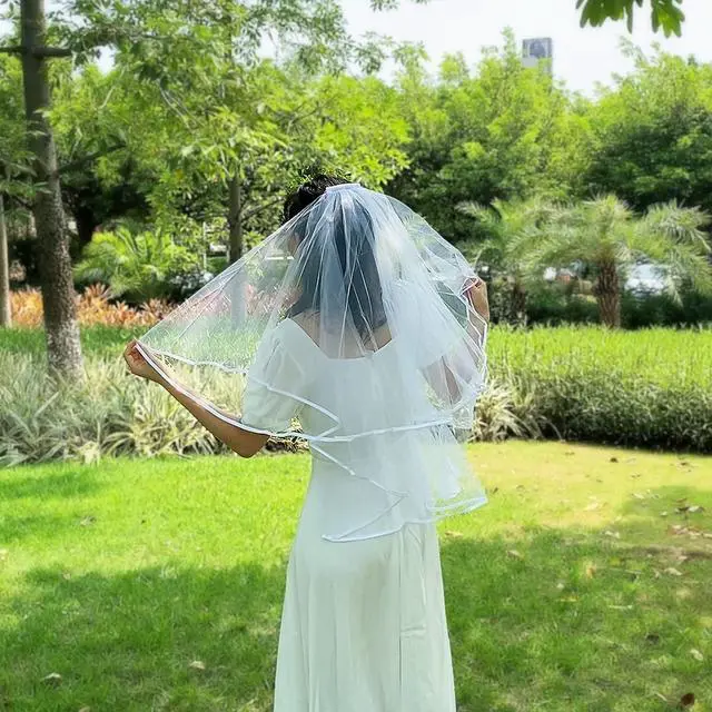Alt view image 2 of 5 - Wedding Bridal Veils, Women Simple Tulle Cathedral Veils for Bachelorette Party and Wedding Hen Party W-V-1 (Short - Red - 2 Tier 31.4"/ 80cm)