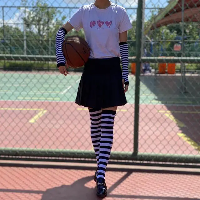 Alt view image 2 of 6 - Women Striped Long Fingerless Gloves, Winter Knitted Arm Warmers For Punk Rock/Cosplay/Goth/Christmas Party WM-S-G5 (Z1 - White and Red Socks + Gloves)