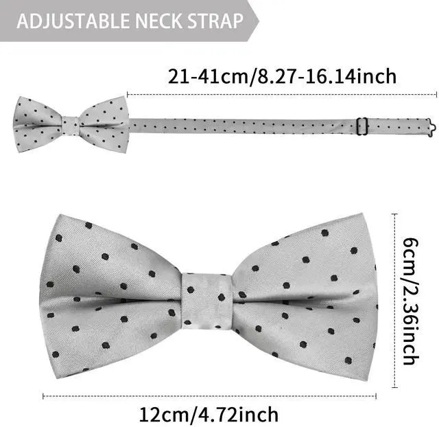 Alt view image 2 of 6 - Men Bow Tie Pocket Square Set, Men Bowtie with Handkerchief For Wedding Party or Formal Tuxedo M-S-B6BT (Gray/Silver with Black Polka Dots)
