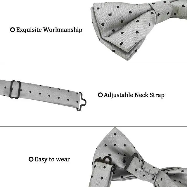 Alt view image 3 of 6 - Men Bow Tie Pocket Square Set, Men Bowtie with Handkerchief For Wedding Party or Formal Tuxedo M-S-B6BT (Gray/Silver with Black Polka Dots)