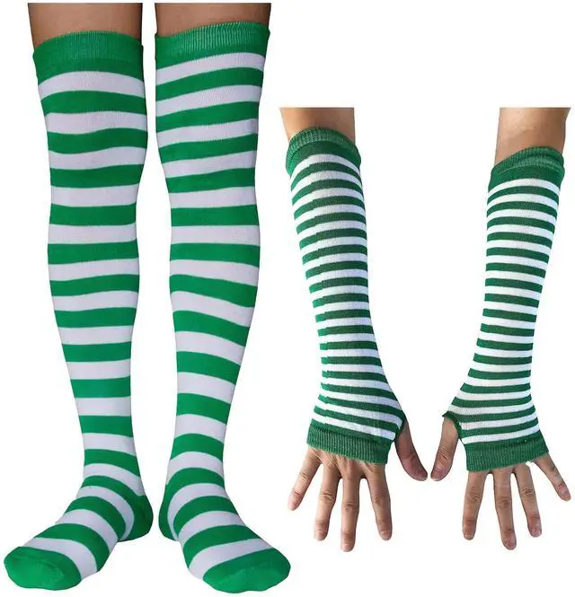 Main image of Women Striped Long Fingerless Gloves, Winter Knitted Arm Warmers For Punk Rock/Cosplay/Goth/Christmas Party WM-S-G5 (Z1 - White and Green - Socks + Gloves)