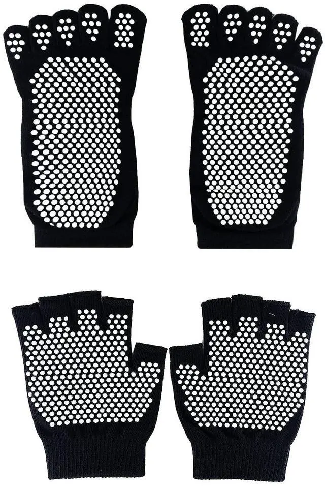 Alt view image 6 of 7 - Yoga Gloves & Socks Set with Grips, Non Slip for Women Yoga/ Dance/ Pilates/ Workouts with Toes Y-G-YG6 (2 Pairs Pilate Gloves and Sock - Black, Gray)