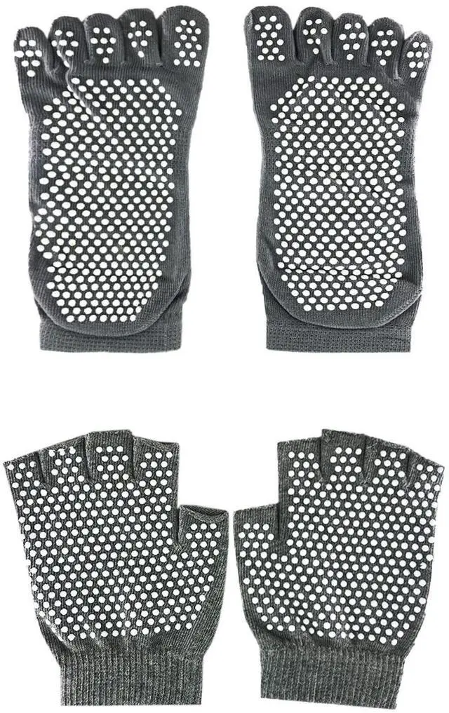 Alt view image 7 of 7 - Yoga Gloves & Socks Set with Grips, Non Slip for Women Yoga/ Dance/ Pilates/ Workouts with Toes Y-G-YG6 (2 Pairs Pilate Gloves and Sock - Black, Gray)