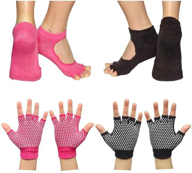 Main image of Pilates Socks with Grips for Women, Non Slip Yoga Socks for Barre Dance or Barefoot Workout (US, Alpha, One Size, Regular, Regular, 2 Pairs Yoga Gloves and Toe Socks - Rose, Black)