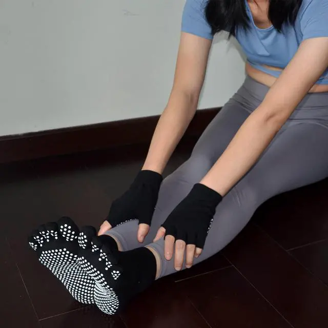 Alt view image 2 of 4 - Pilates Socks with Grips for Women, Non Slip Yoga Socks for Barre Dance or Barefoot Workout (US, Alpha, One Size, Regular, Regular, 2 Pairs Yoga Gloves and Toe Socks - Rose, Black)