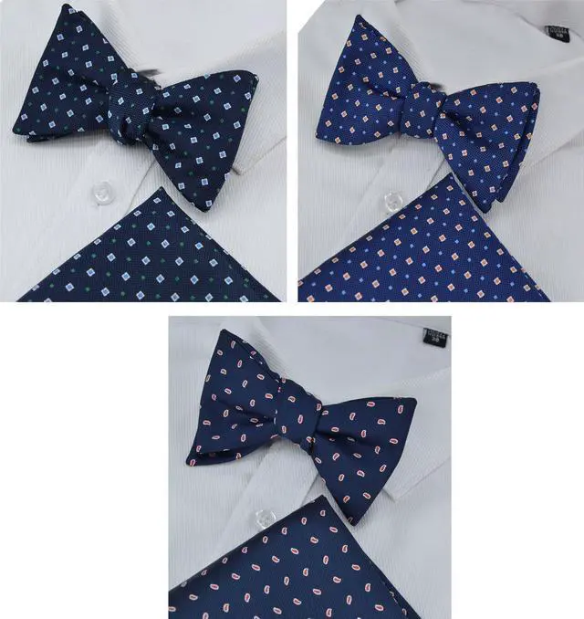 Alt view image 4 of 7 - 3pcs Mens Classic Silk Self Bow Ties and Pocket Square, Handkerchief Jacquard Woven Bowtie Set For Tuxedo & Wedding SB2 (Navy Blue Dot)
