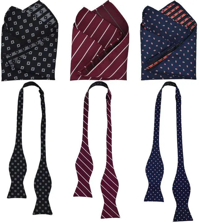 Main image of 3pcs Mens Classic Silk Self Bow Ties and Pocket Square, Handkerchief Jacquard Woven Bowtie Set For Tuxedo & Wedding SB2 (Black Plaid, Burgundy Stripes, Navy Dot)
