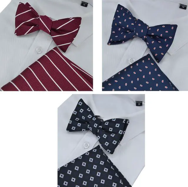 Alt view image 4 of 7 - 3pcs Mens Classic Silk Self Bow Ties and Pocket Square, Handkerchief Jacquard Woven Bowtie Set For Tuxedo & Wedding SB2 (Black Plaid, Burgundy Stripes, Navy Dot)