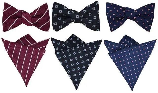 Alt view image 6 of 7 - 3pcs Mens Classic Silk Self Bow Ties and Pocket Square, Handkerchief Jacquard Woven Bowtie Set For Tuxedo & Wedding SB2 (Black Plaid, Burgundy Stripes, Navy Dot)
