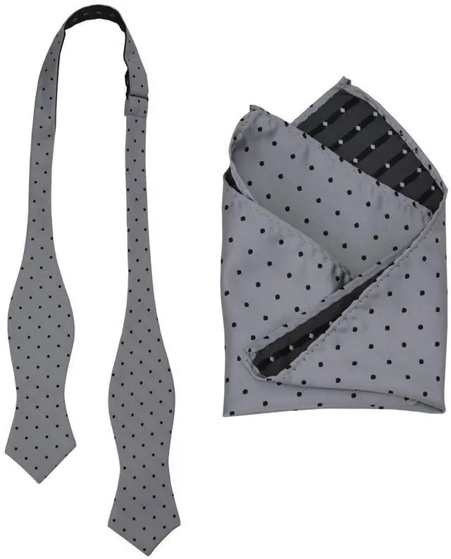 Alt view image 6 of 7 - Polka Dot Bow Tie Pocket Square Set, Men Self Tie Bowtie with Handkerchief For Wedding Party or Formal Tuxedo M-S-B12 (Gray/Silver with Black Polka Dots)