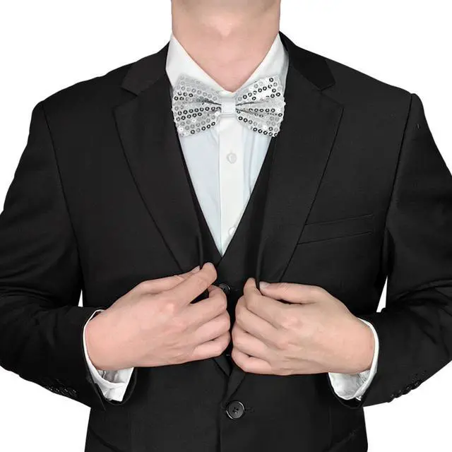 Alt view image 2 of 4 - Sequin Bow Ties for Men, Boys Sparkly & Glitter Clip On Bowtie for Graduation and Wedding & Carnival Party BT-3  (Silver White Sequin Bow Tie)