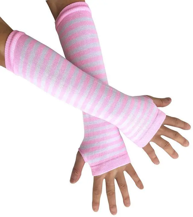Alt view image 3 of 7 - SYAYA Women Striped Long Fingerless Gloves, Winter Knitted Arm Warmers For Punk Rock/Cosplay/Goth/Christmas Party WM-S-G5 (White with Pink Striped)