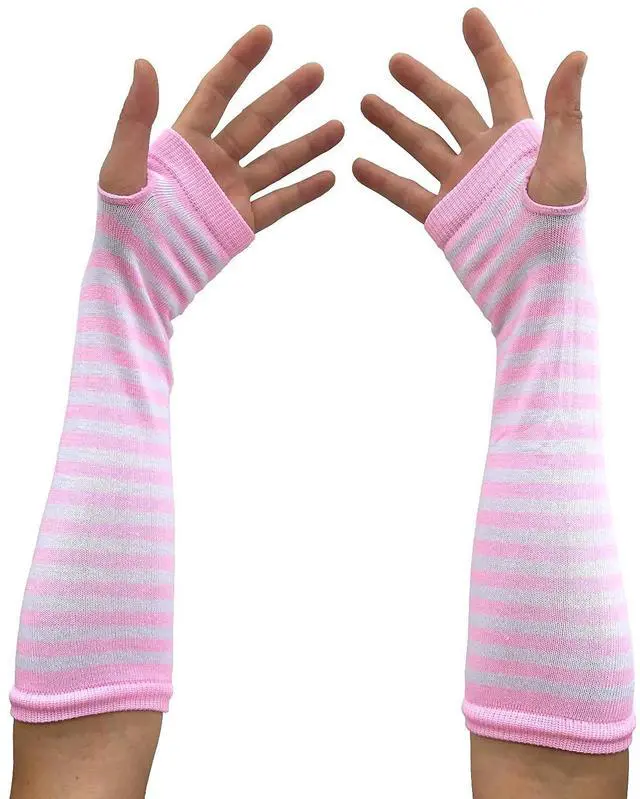 Alt view image 2 of 7 - SYAYA Women Striped Long Fingerless Gloves, Winter Knitted Arm Warmers For Punk Rock/Cosplay/Goth/Christmas Party WM-S-G5 (White with Pink Striped)