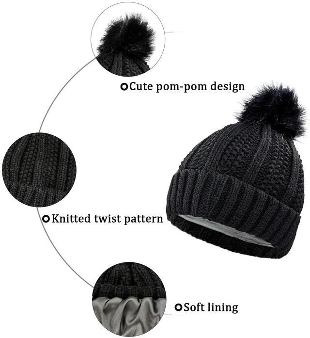 Alt view image 4 of 5 - Womens Winter Hat, Winter Beanies Hats for Women with Pom Pom, Thick Wool Warm Knit Caps Pompom for Cold Weather U-SY-P1H (US, Alpha, One Size, Black)