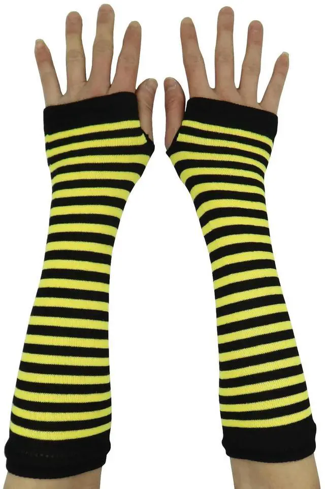 Main image of Pairs Striped Long Fingerless Gloves Elbow Length, Winter Knitted Thumb Hole Arm Warmers For Cosplay/ Goth/ Punk S-G-6 (1 Pairs Yellow with Black Striped)