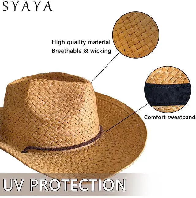 Alt view image 2 of 5 - Straw Cowboy Hat for Men & Women, Cowgirl Sun Cap with Wide Brim & UV Protection for Outdoor Summer Activities U-N3-3Y (US, Alpha, One Size, Orange)