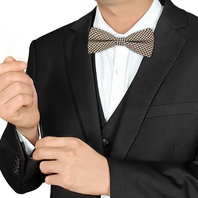 Alt view image 4 of 5 - SYAYA Men Silk Tuxedo Plaid Bow Tie, Teen Boy Pre Tied Formal Tux Bowtie For Wedding Large Necktie Father Day MB-T2 (Black,Beige,Brown Plaid)
